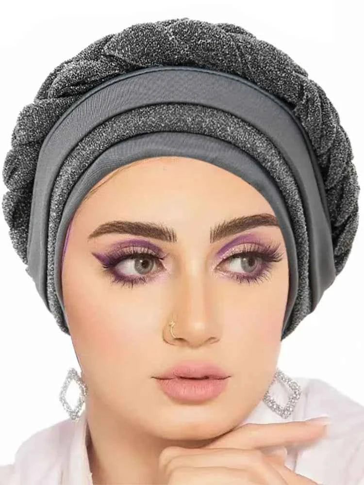 Glitter Full Body Pleated Turban Cap for Women 2025 Lady Head Wraps Muslim Headscarf Hat Turbante Mujer African Headpiece