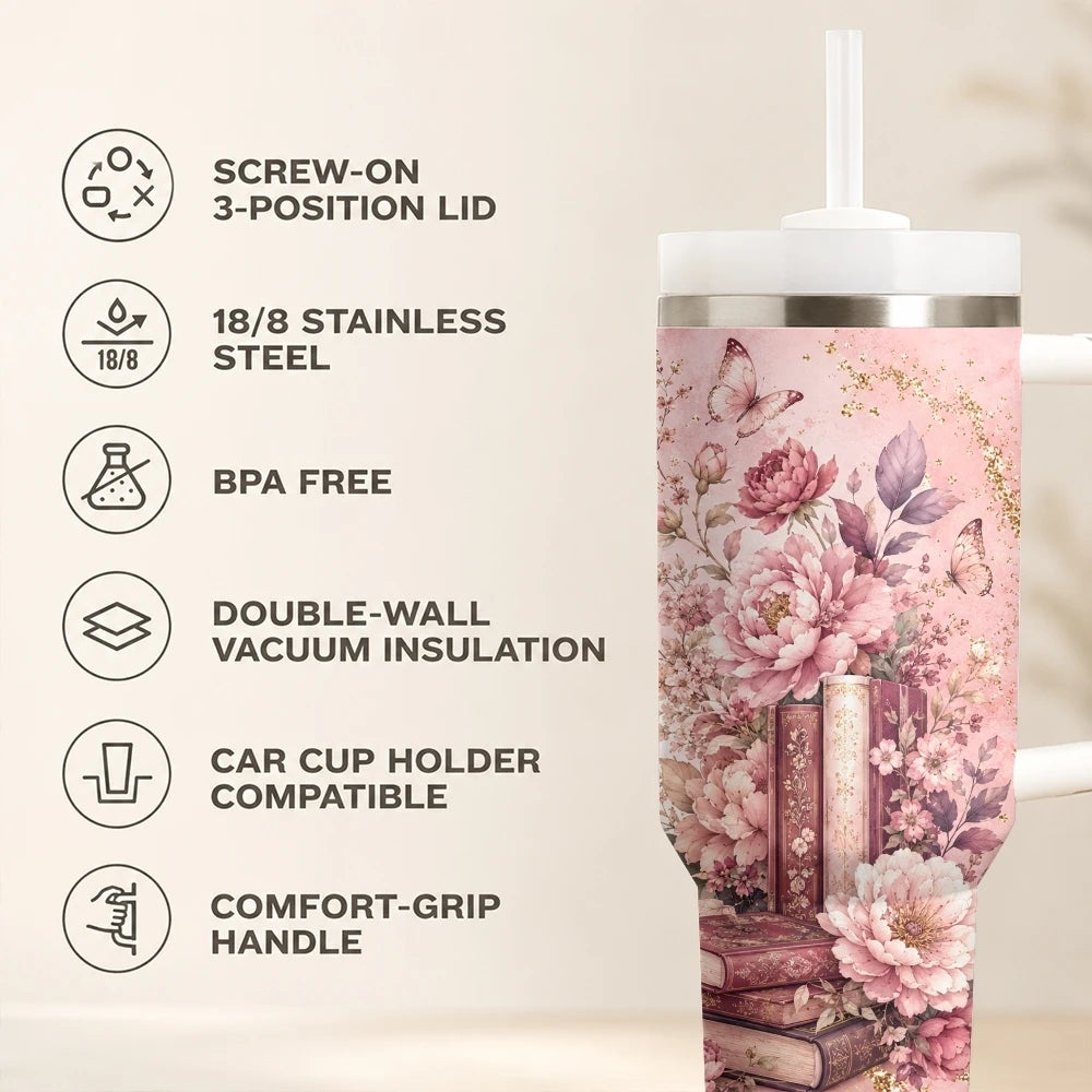 Floral & Book Lover 40oz Tumbler – Insulated Stainless Steel Cup with Straw