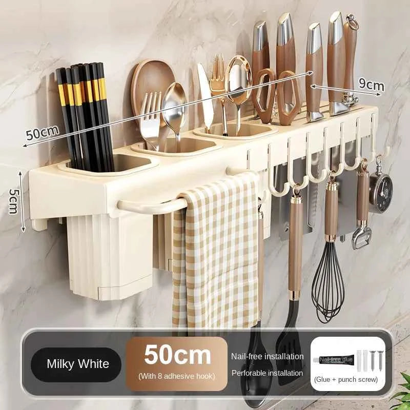 Wall-mounted knife rack for kitchen, multifunctional, no drilling required, knife and utensil holder, chopstick tube, integrated