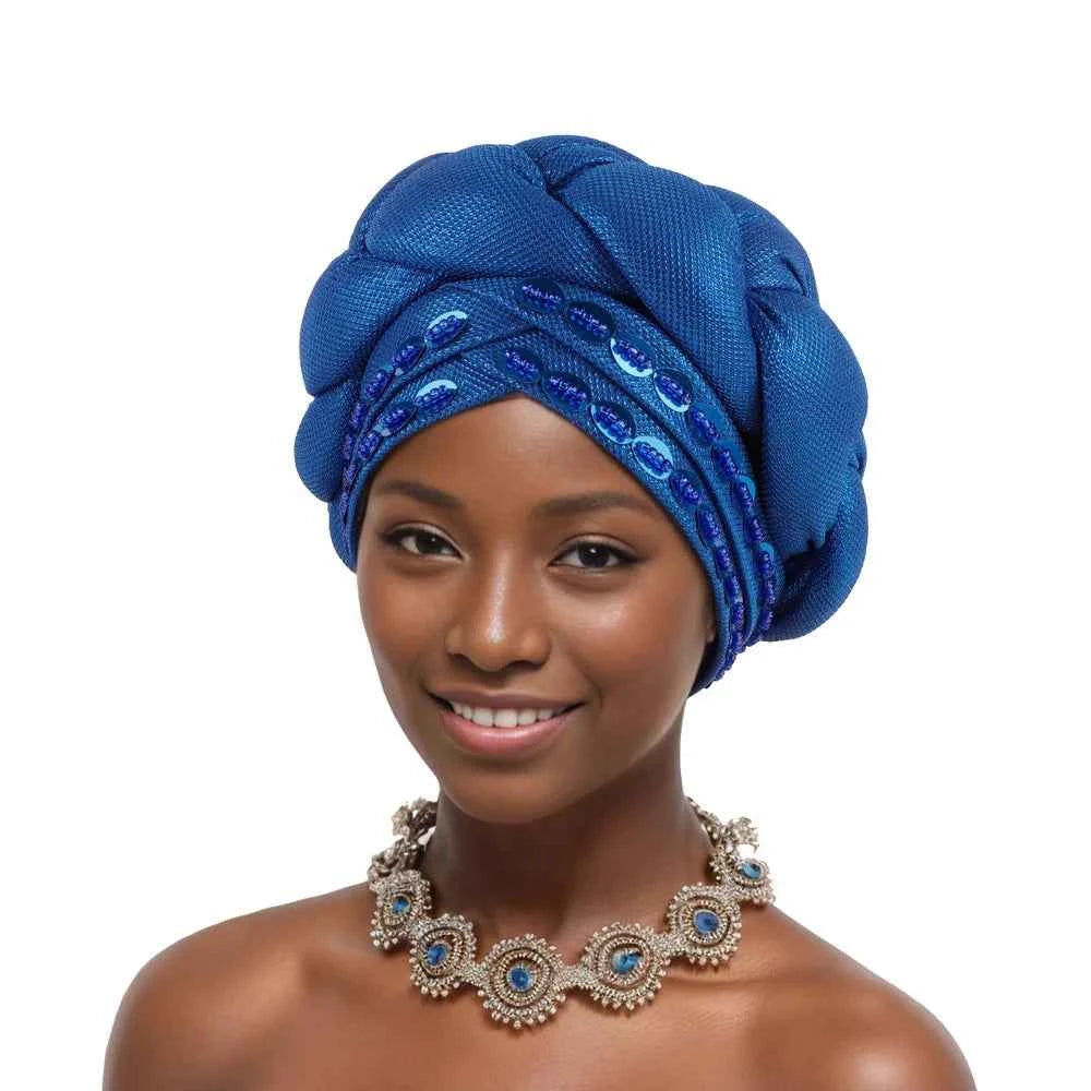 2025 Latest African Auto Gele Headtie Already Made Headties Shinning Turban Cap for Women Ready Nigerian Hijab Braid Head Wraps