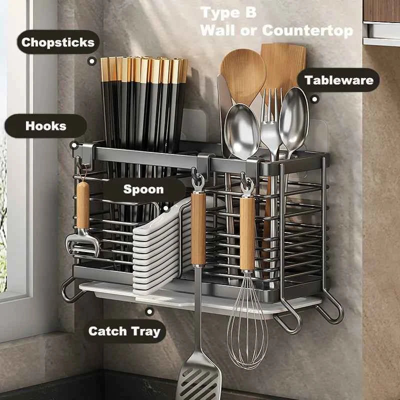 Cutlery Organizer Kitchen Storage Rack Wall Mounted Knife, Fork, Spoon Chopstick Rack with Drainage Tray Kitchen Utensil Cage