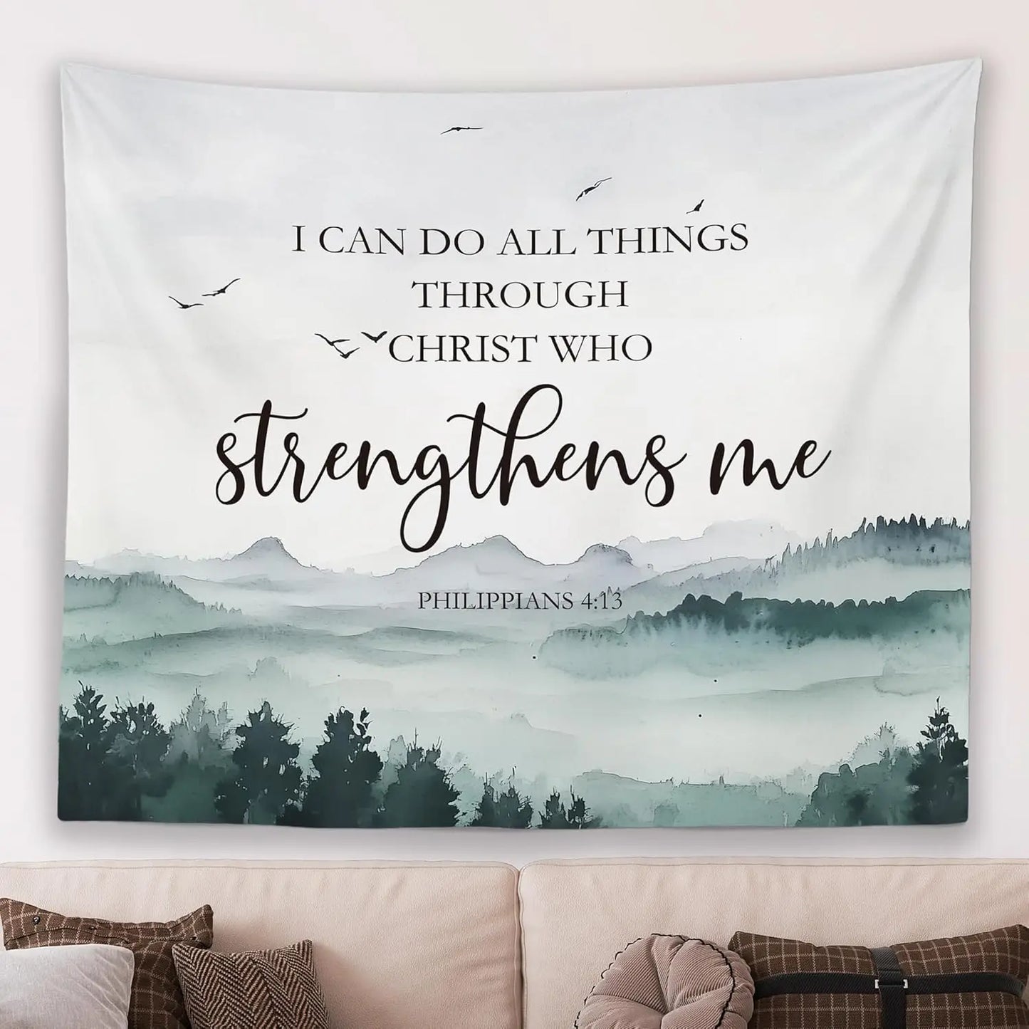Christian Fall Mountian Wall Tapestry Hanging for Bedroom, Bible Verse I Can Do All Things Tapestries,Watercolor Autumn Orange