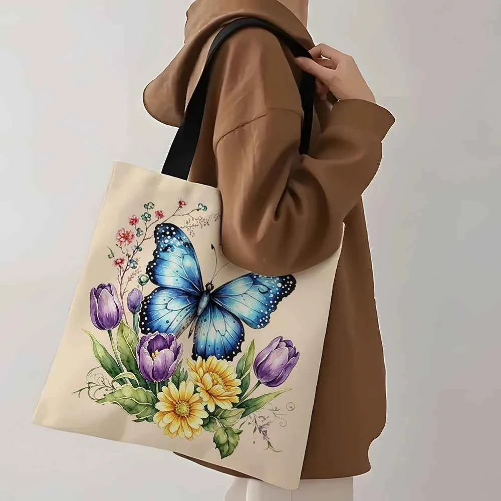 1pc Watercolor Blue Butterfly Floral Canvas Tote Bag – Vibrant Botanical Print with Tulips, Daisies & Wild Sprigs, Eco-Friendly