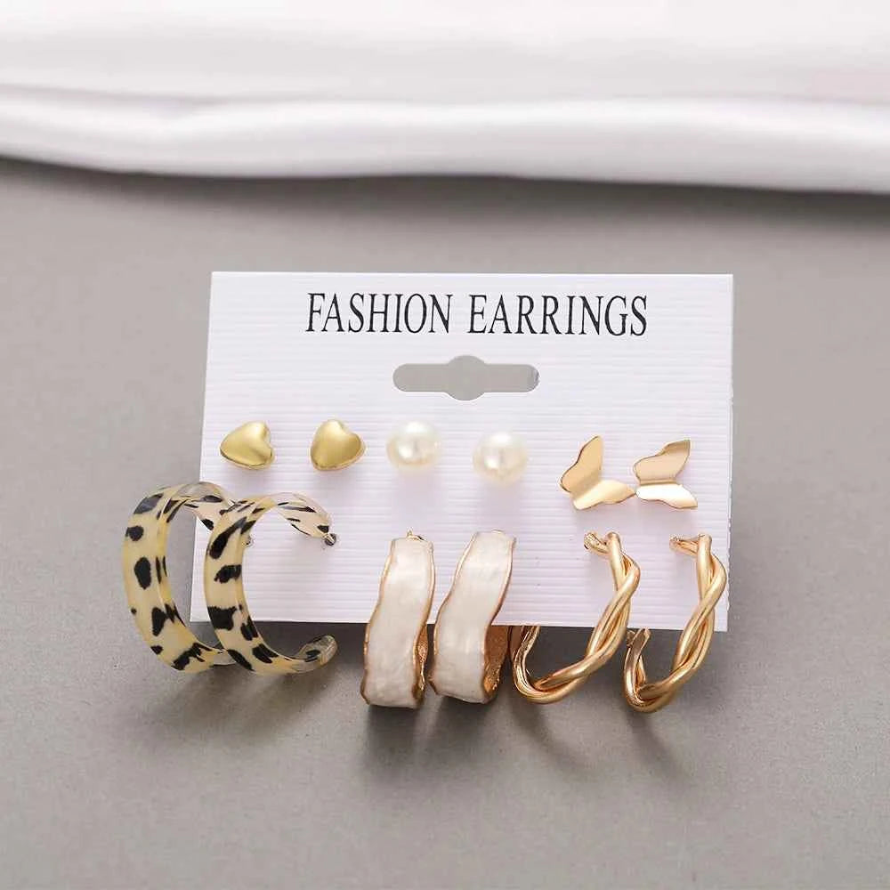 Punk Leopard Acrylic Resin Hoop Earrings Set for Women Trendy Gold Silver Color Butterfly Pearl Circle Earrings Gifts Jewelry