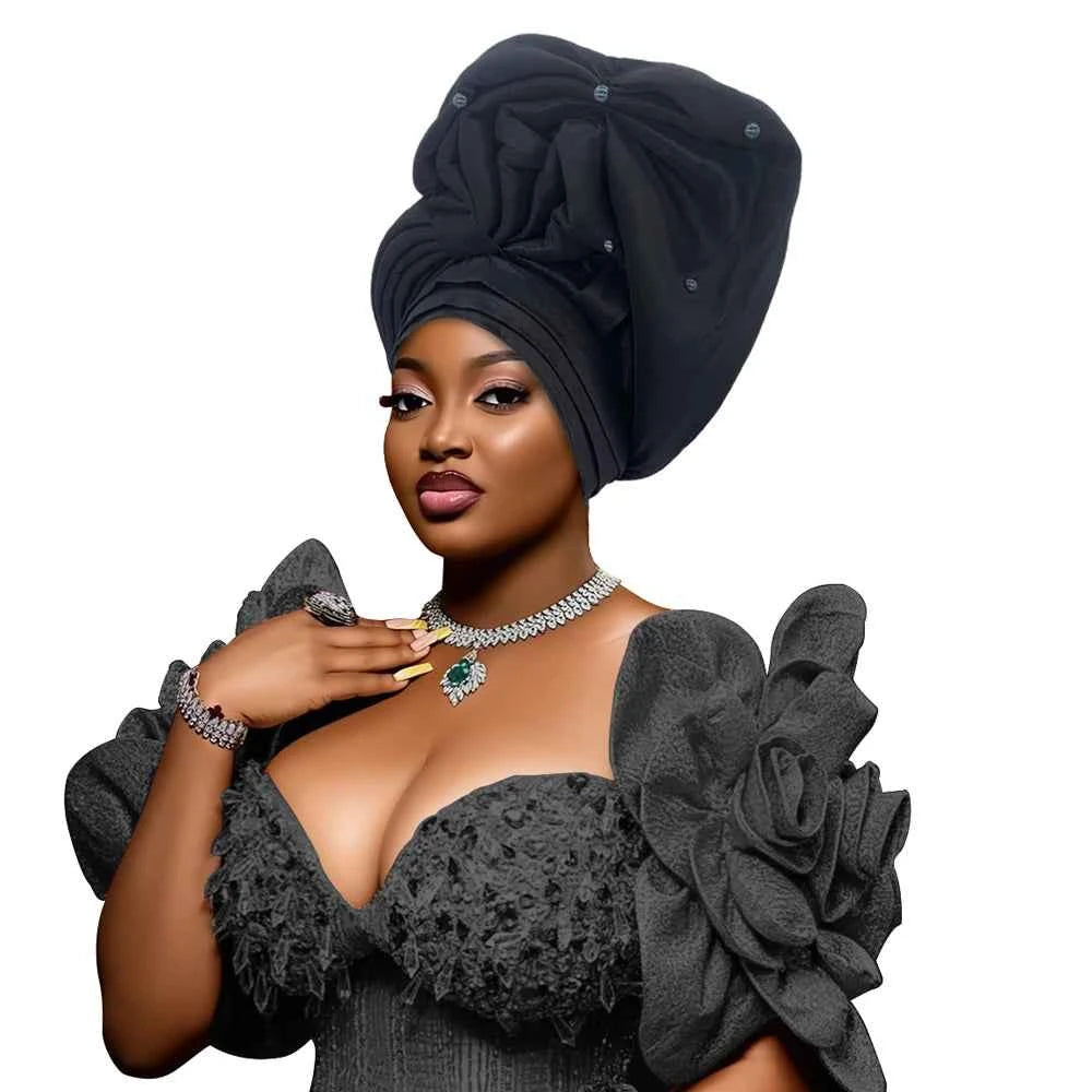 African Female Head Wraps Raw Silk Turban Cap for Women Nigeria Wedding Party Headcover Hat Ready to Wear Head Ties