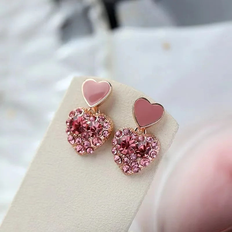 Fashion Pink Crystal Heart Flower Earrings for Women Cute Party Romantic Hollow Leaf Peach Triangular Cherry Pearl Ear Jewelry