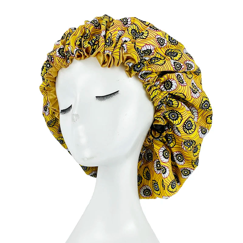 New Big Print Ankara Women Satin Bonnet Head Cover Silky Satin Elastic Sleep Cap Ladies Head Wrap Hat Hair Accessories Fashion - NamafadStore