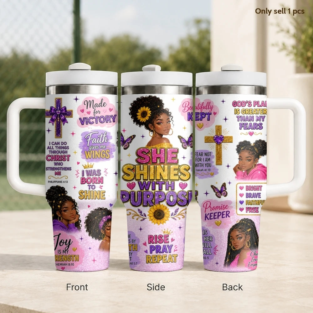40oz Godly Black Woman Tumbler – Faith Quote Stainless Steel Travel Mug
