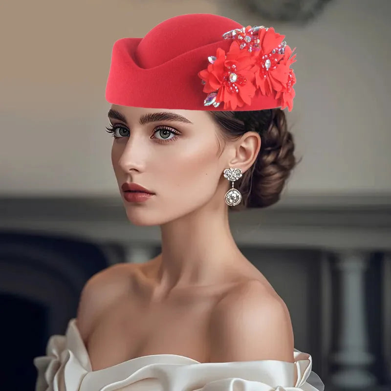 Red African Headtie Turban Hat adorned with flowers and embellishments, styled for women’s summer and autumn occasions.