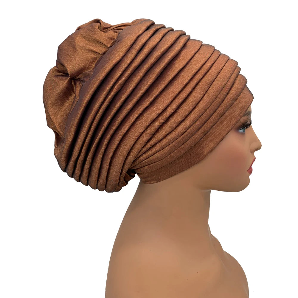 New Raw Silk Pleated Turban Cap for Women African Female Head Wraps Nigeria Lady Headwear Hat Wedding Headtie - NamafadStore