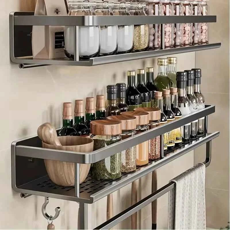 Aluminum Wall-Mounted Shelf Multifunctional Kitchen Spice Storage Rack Kitchen No Punching Required Kitchen Accessories