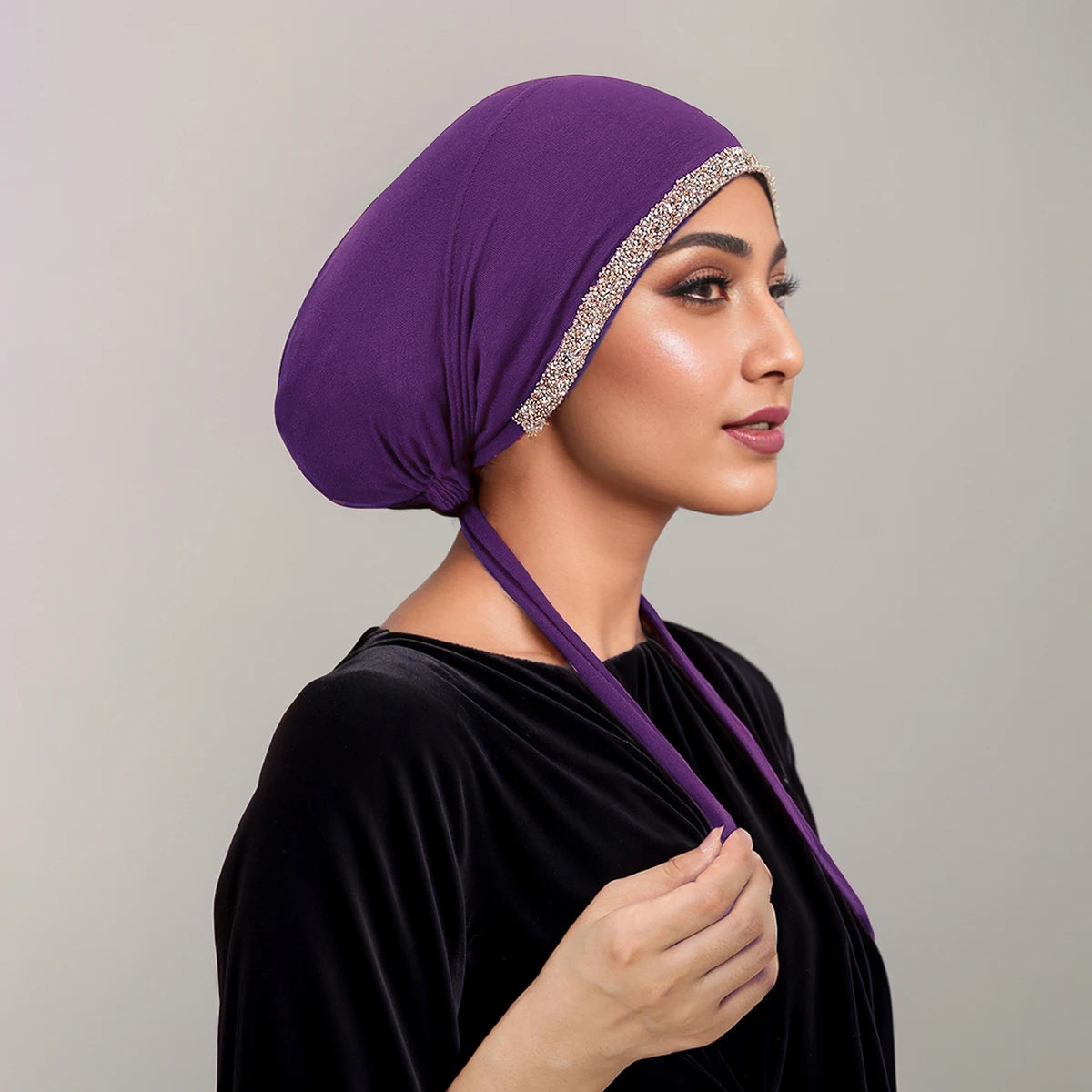 New Modal Rhinestone Band Muslim Turban Hat Inner Hijab Caps Islamic Underscarf Bonnet India Hats Female Headwrap Turbante Mujer - NamafadStore