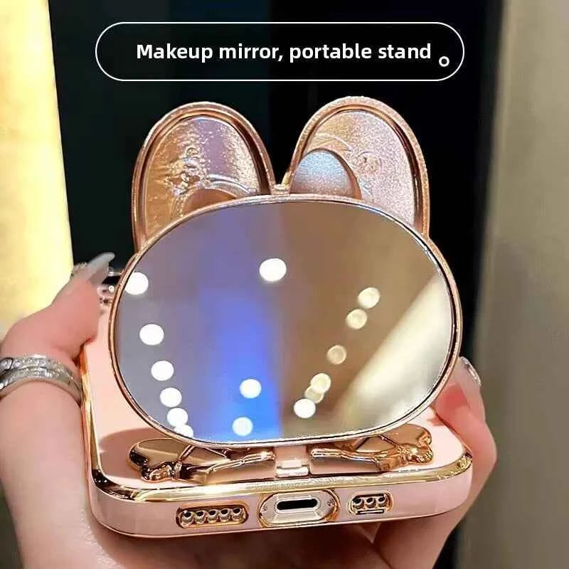 Bead bracelet Rabbit Mirror Rabbit Flower Strap Case For iPhone 16 Pro Max 15 Plus 14 13 12 11 SE 2022 Electroplated Kickstand