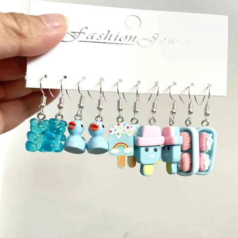 5 Pair Set Small Fresh Colored Resin Pendant Earrings Art Sweet and Cute Fruit Animal Milk Tea Earrings Female