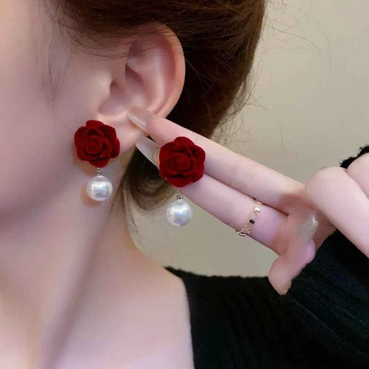 1Pair Wine Red Pearl Rose Flower Earrings Retro Wedding Ear Studs Chinese New Year Jewelry Earring
