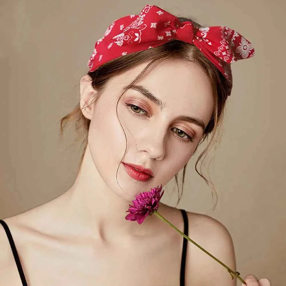 Fashion Paisley Bandana Headband for Women Top Knotted Bow Hairbands Cute Rabbit Ear Turban Headwrap Hair Band Girls Accessories