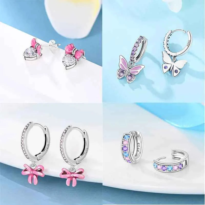 Pink Series 925 Sterling Silver Romantic Flower Butterfly Unicorn Tulip Geometry Earrings Boutique Fine Jewelry Gifts for Women