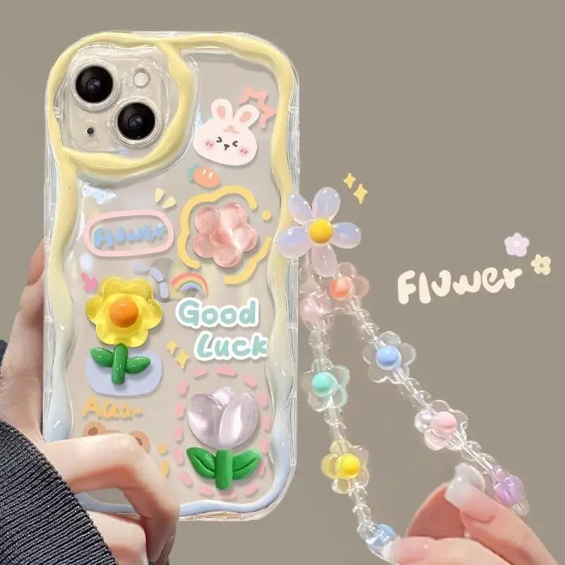 3D Cartoon Cute Flower Case For iPhone 16 15 14 Plus 13 12 Mini 11 Pro XR XS Max cover With Wrist Chain