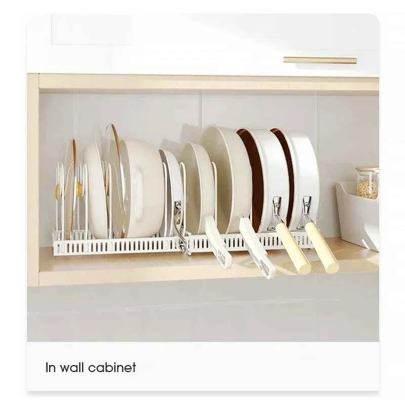 Pot Rack Bowl and Plate Storage Rack Multi-layer Retractable Adjustable Carbon Steel Pan Dish Drying Cookware Rack Kitchen Tools