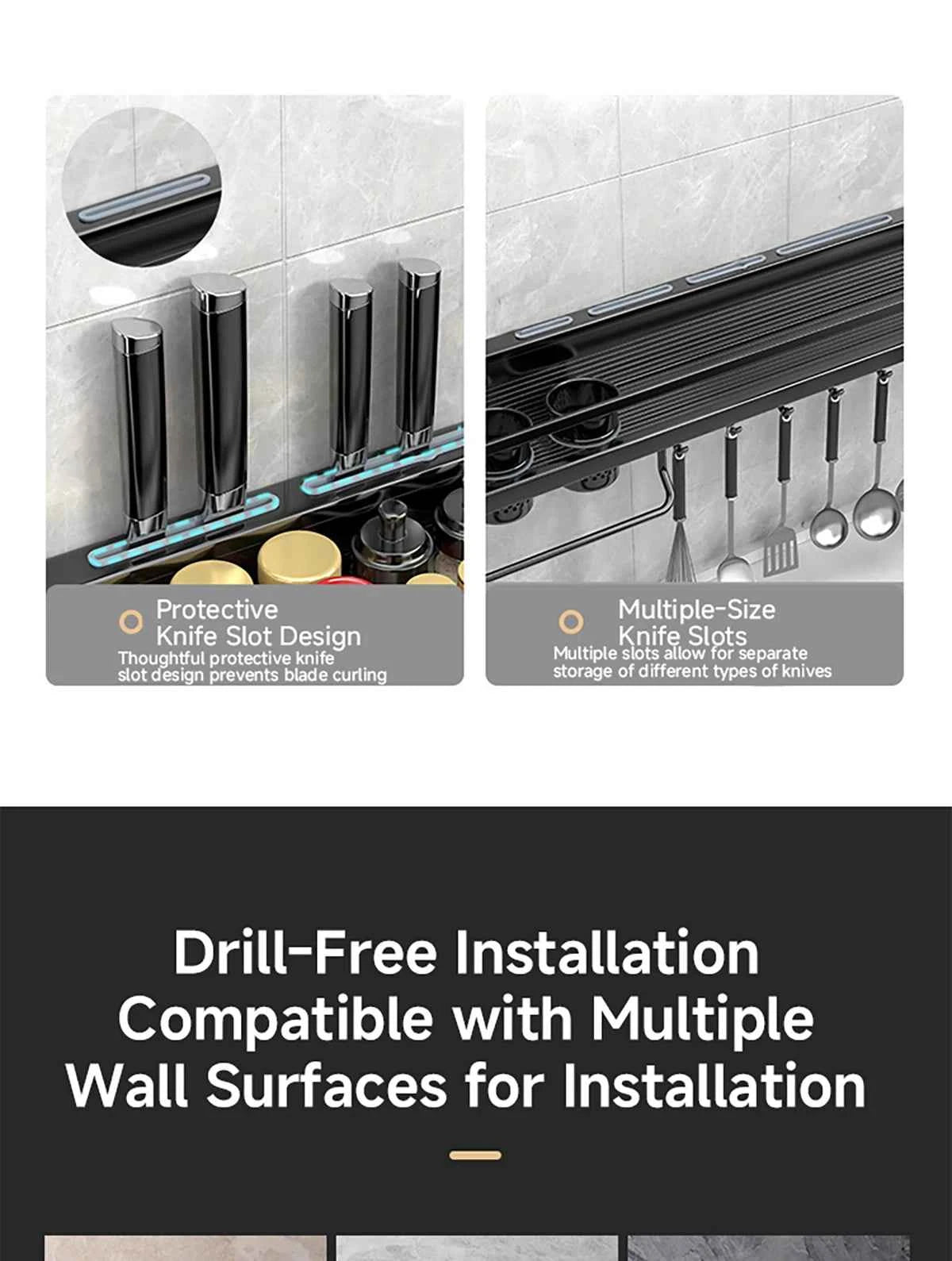 Metal Kitchen Shelf No-Punch Large Capacity Storage Kitchen Utensils Skeletonized Drainage Design Easy to Clean Black