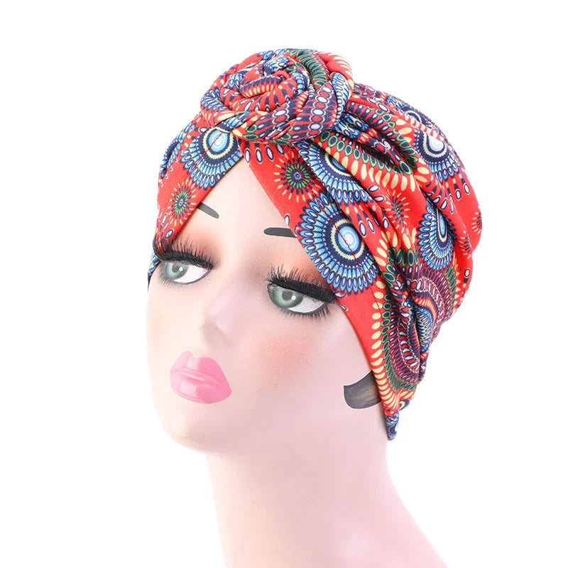 New African Print Pleated Turban Floral Beanie Knot Flower India Head Wrap Elegant Women Chemo Cap Bandana Headwear Head Cover - NamafadStore