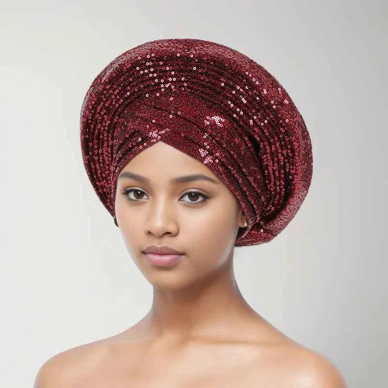 Sequins Auto Gele Headtie African Women's Head Wraps Fashion Turban Cap Nigeria Wedding Geles Already Made Head Ties Headpiece