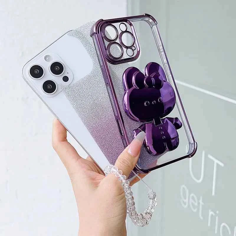 Luxury Shockproof Phone Case with Cute Rabbit Makeup Swivel Stand Crystal Lanyard For Xiaomi Redmi 13C 4G Poco C65 Back Cover