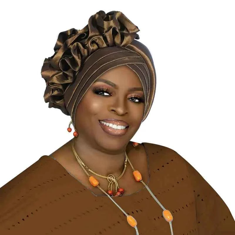 Ruffled Turban Cap for Women African Lady Head Wraps Bonnet Nigeria Female Headtie Wedding Party Headgear
