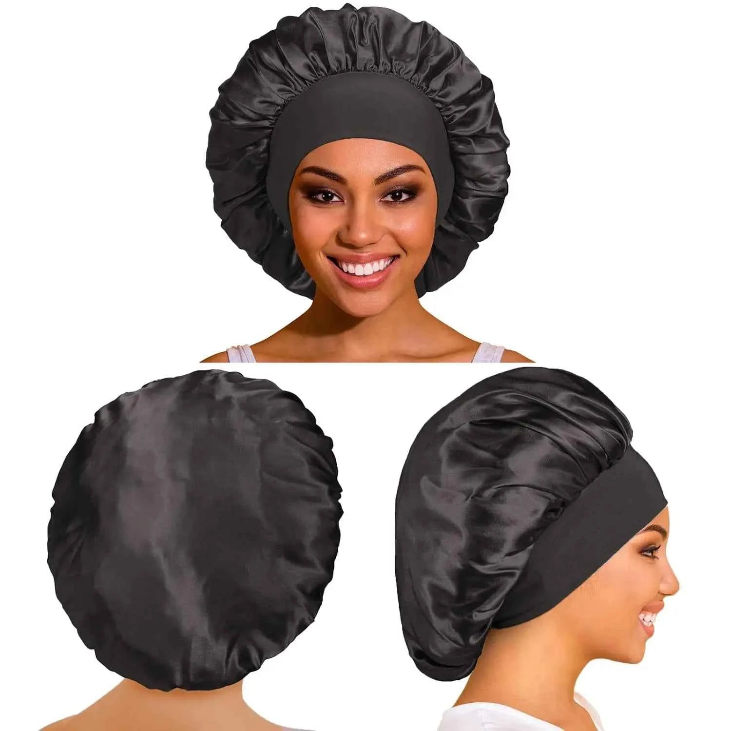 1PC Women's Satin Solid Bonnets Wide-brimmed Night Sleeping Bathing Hat Unisex Head Wrap Elastic Band Cap Hair Care Bonnet.