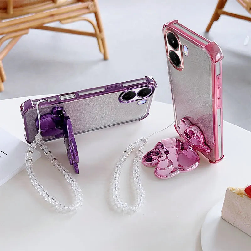 Luxury Shockproof Phone Case with Cute Rabbit Makeup Swivel Stand Crystal Lanyard For Xiaomi Redmi 13C 4G Poco C65 Back Cover