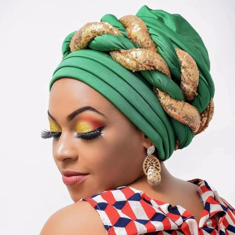 Women Braid Turbans Latest African Headtie Ladies Sequin Head Wraps African Aso Oke Winter Headtie Negerian Wedding Gele Caps - NamafadStore