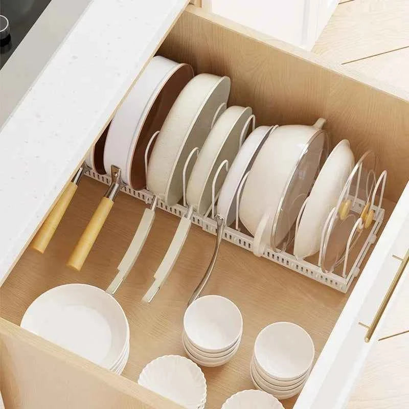 Pot Rack Bowl and Plate Storage Rack Multi-layer Retractable Adjustable Carbon Steel Pan Dish Drying Cookware Rack Kitchen Tools