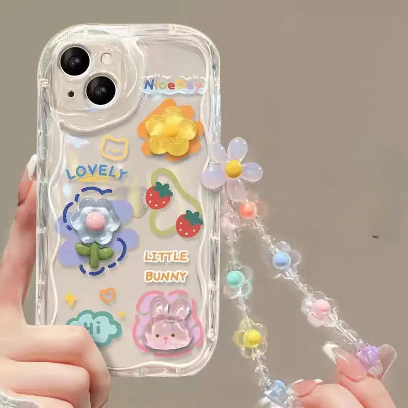3D Cartoon Cute Flower Case For iPhone 16 15 14 Plus 13 12 Mini 11 Pro XR XS Max cover With Wrist Chain