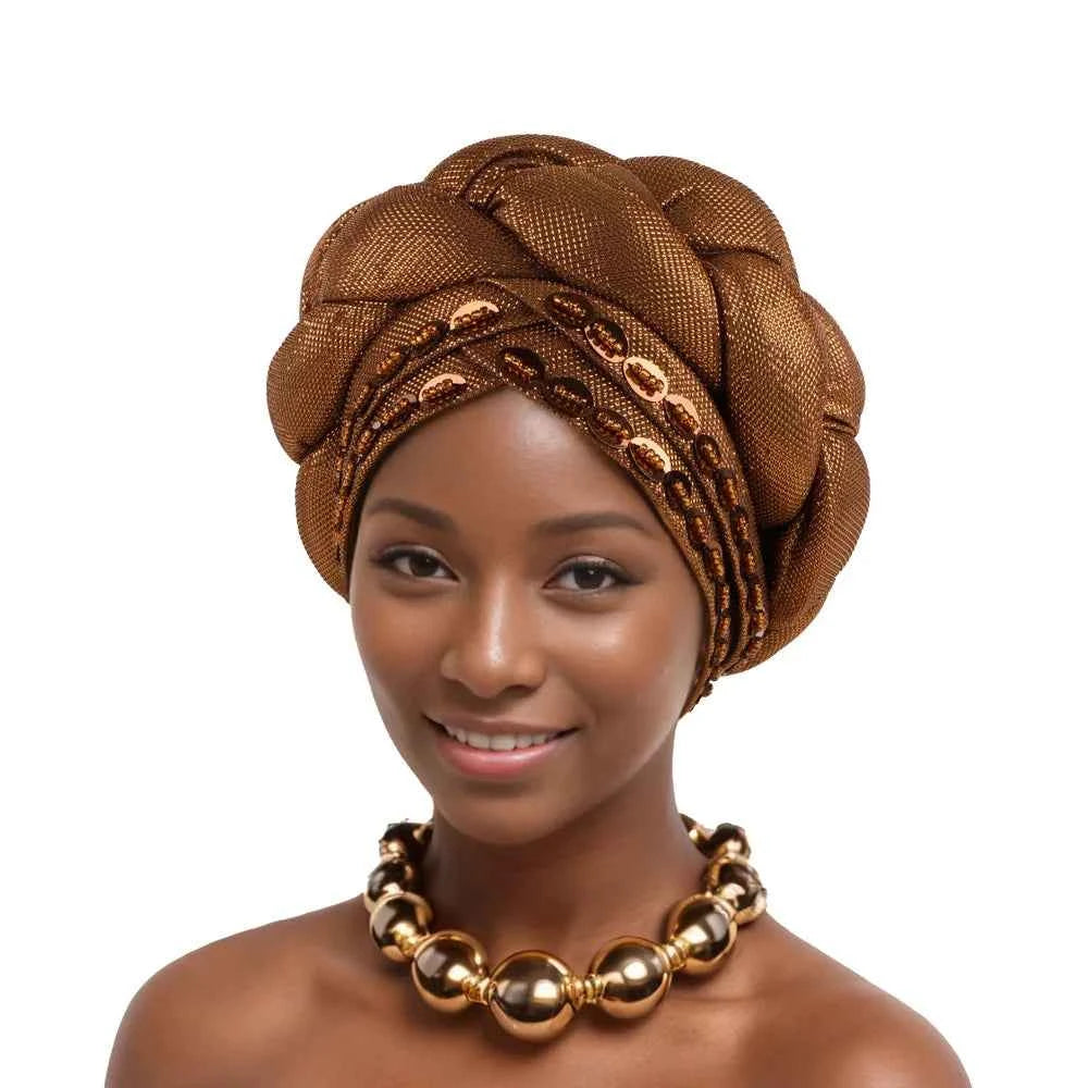 2025 Latest African Auto Gele Headtie Already Made Headties Shinning Turban Cap for Women Ready Nigerian Hijab Braid Head Wraps