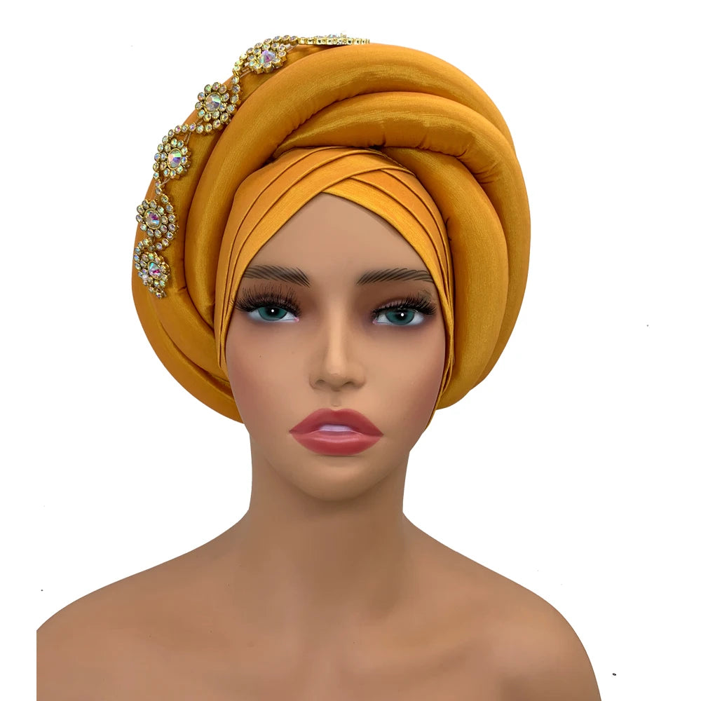 Twisted Braid Turban Cap for Women African Lady Head Wraps Diamonds Nigeria Raw Silk Autogele Headtie Muslim Hat Party Headwear - NamafadStore