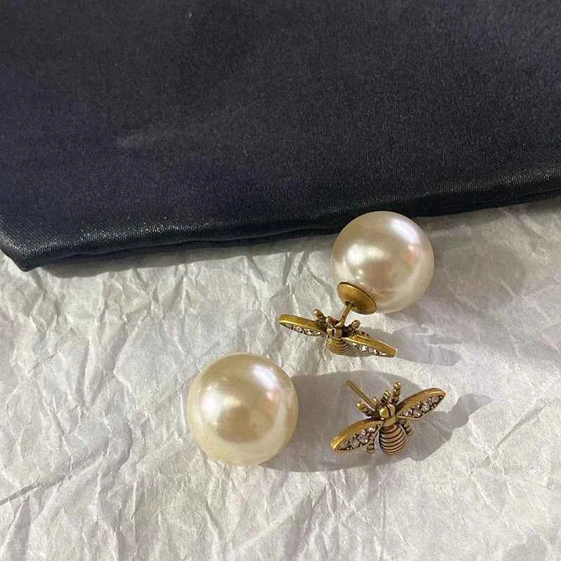 New Arrival Stud Earrings Fashion Animal Metal Women Trendy Bees Pearl Double-sided Two-wear Earrings Light Luxury Jewelry
