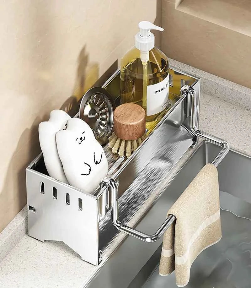 1pc Stainless Steel Kitchen Storage Rack Large-capacity Rag Sponge Draining Rack Household Sink Storage Rack Kitchen Organizer