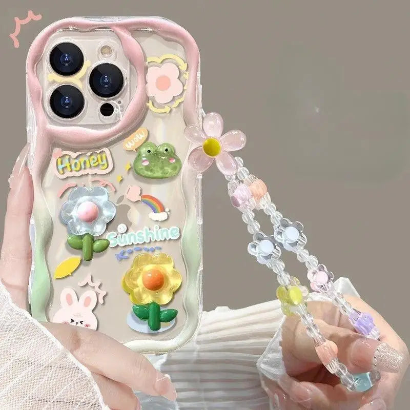 3D Cartoon Cute Flower Case For iPhone 16 15 14 Plus 13 12 Mini 11 Pro XR XS Max cover With Wrist Chain