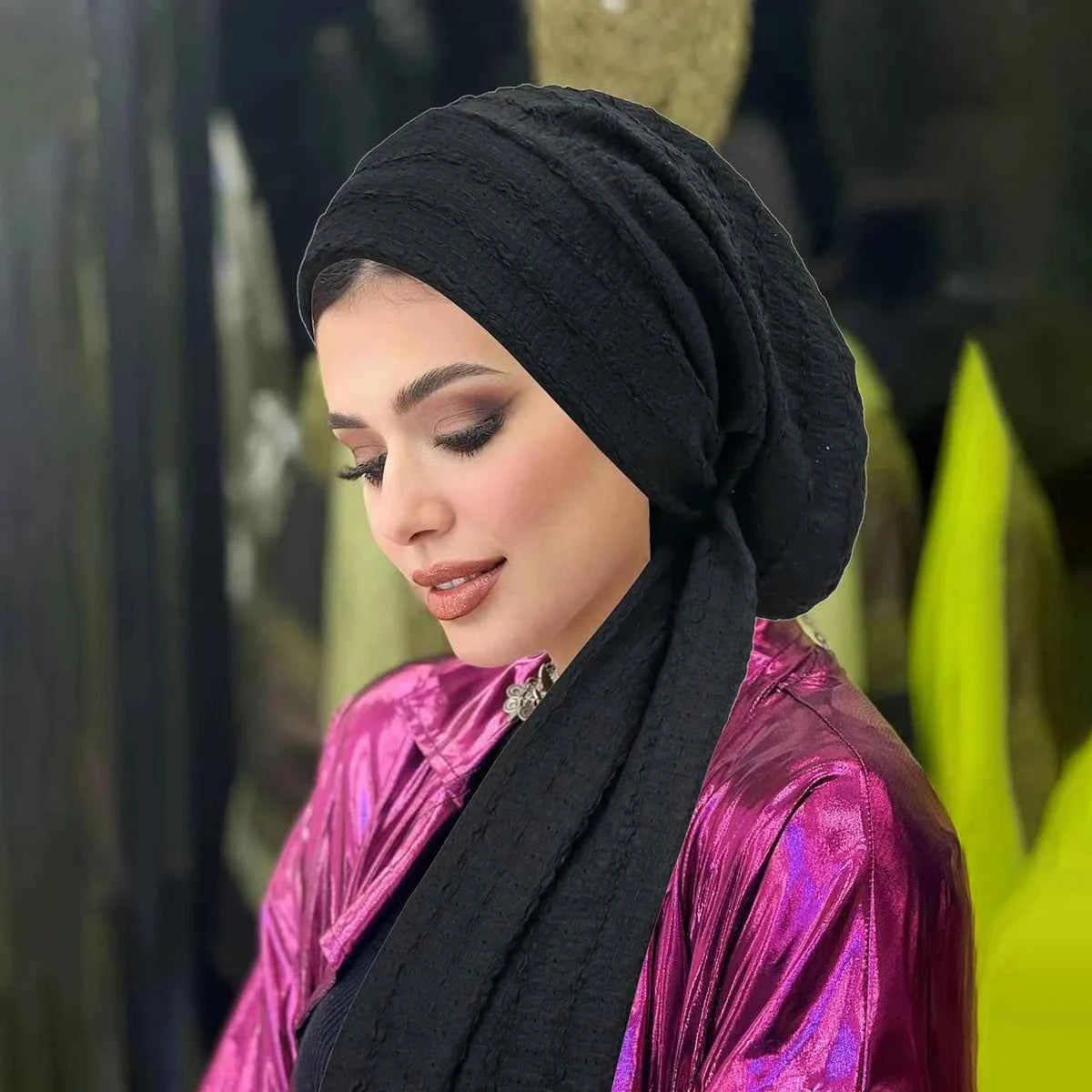 Ramadan Solid Color Crinkle Turban Hijab Hats Long Tail Head Wraps Soft Strech Muslim Hats Breathable Chemo Cap For Women Girls