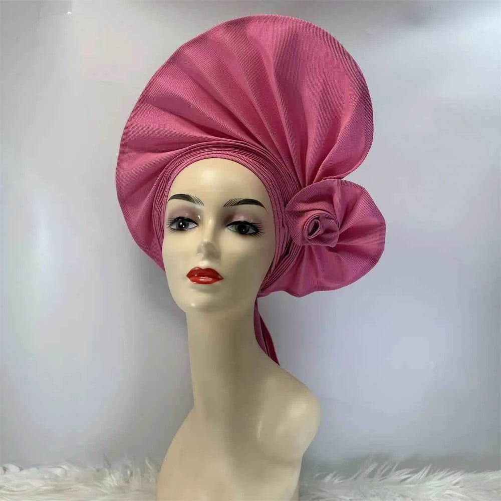 Already Made Headtie Pink African Headtie Gele Headwear for Wedding , Nigerian Braid Turbans Wraps,