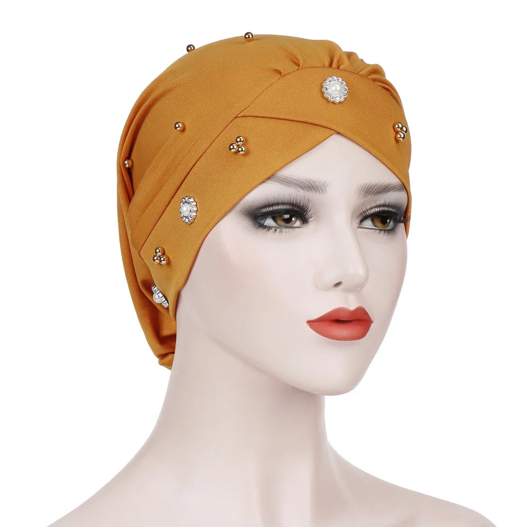 1PC New Women Elastic Turban Hat Muslim Hijab Islamic Beads Cancer Chemo Cap Ladies Hijab Stretch Head Wrap Head Scarf Hair Loss - NamafadStore