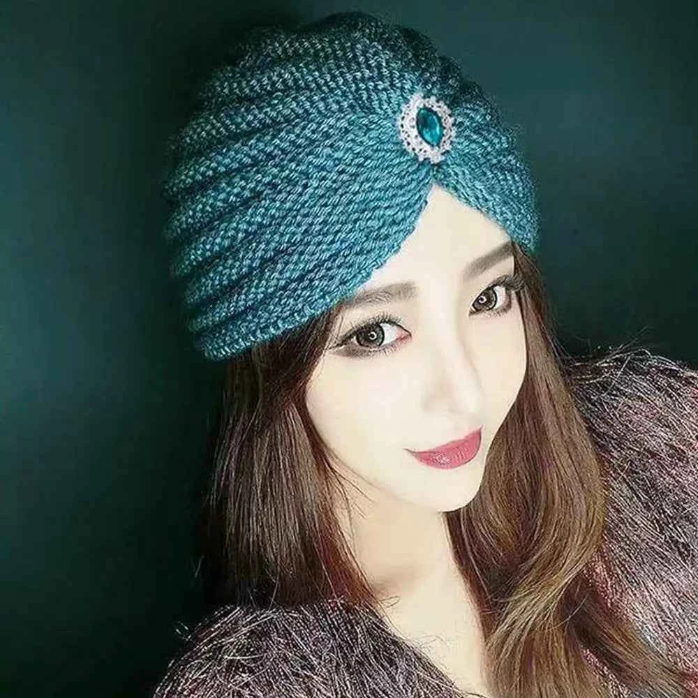 Fashion Winter Warm Hijab Caps Soft Thick Bohemia Turban Diamond Jewelry Wool Knitting Knitted Hats for Women