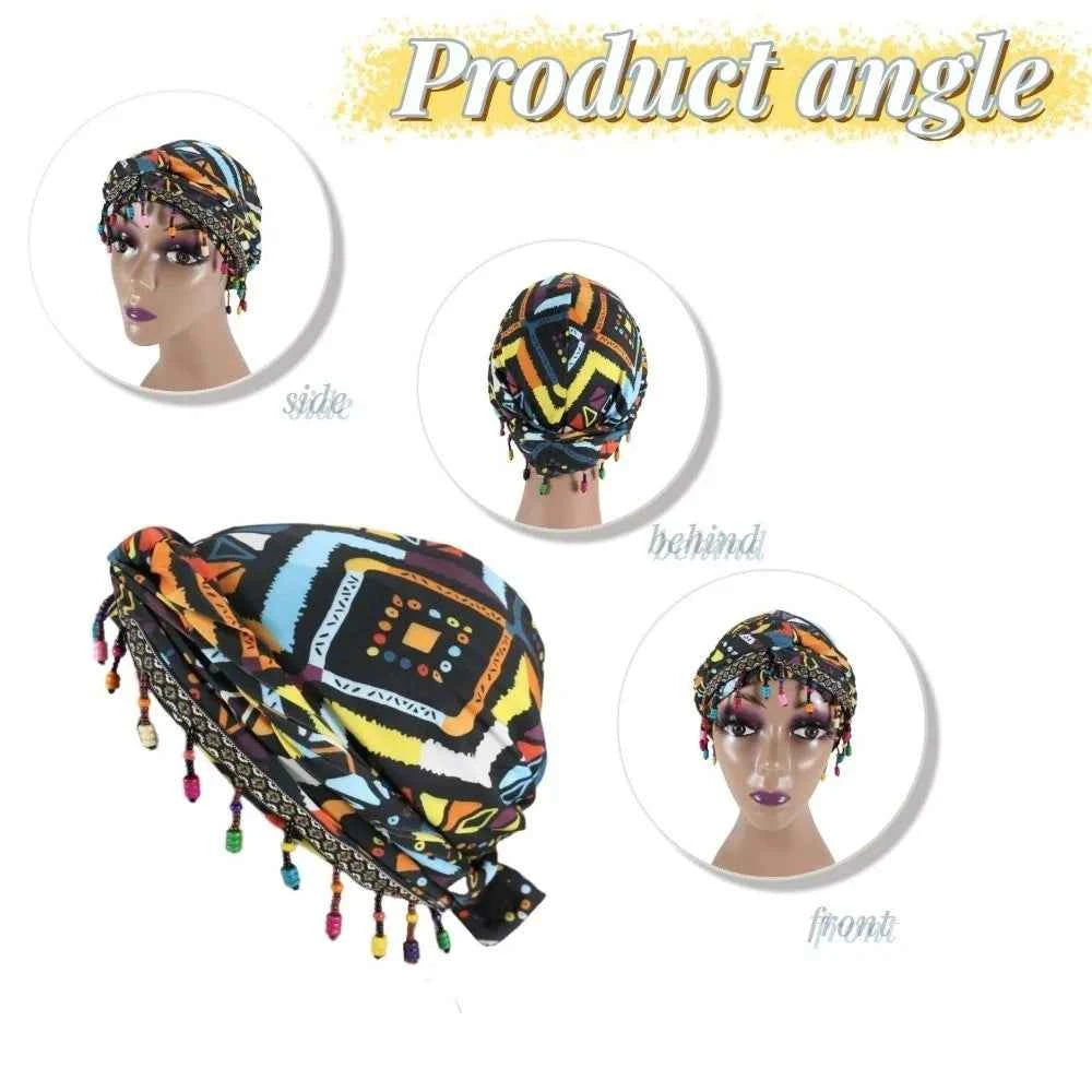 Bonnet Hat Elastic Colorful Beaded Headscarf Breathable Hijab Pre-tie Head Wraps Dome Indian Style Jacquard Pullover Cap Gifts