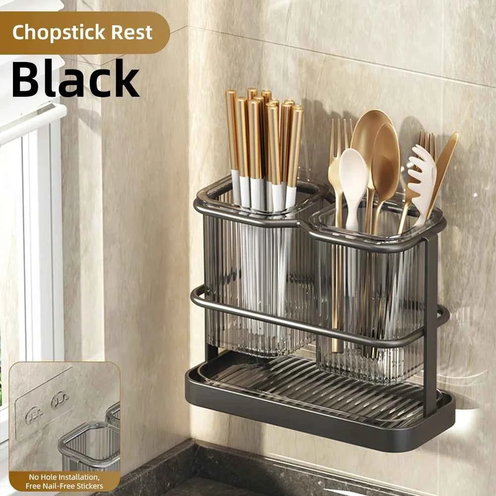 Wall Mounted Kitchen Cutlery Organizer Knife Spoon Fork Chopstick Drain Rack Drainer Utensil Kitchen Storage Punching Free NEW