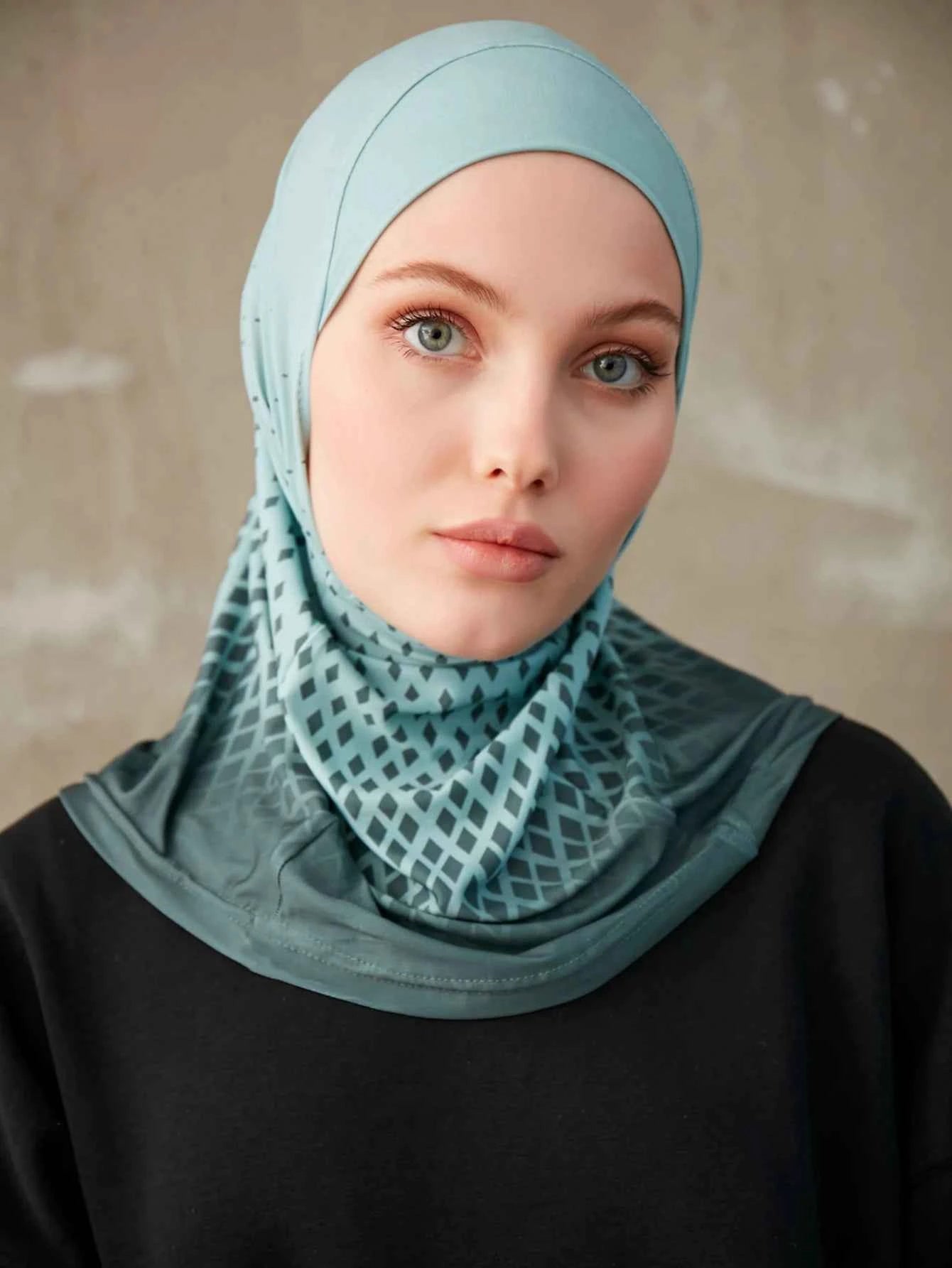 Sporty Inner Women's Hijabs Muslim Breathable Islamic Instant Turban For Ladies Geometric Printing Pattern Head Wrap Headband