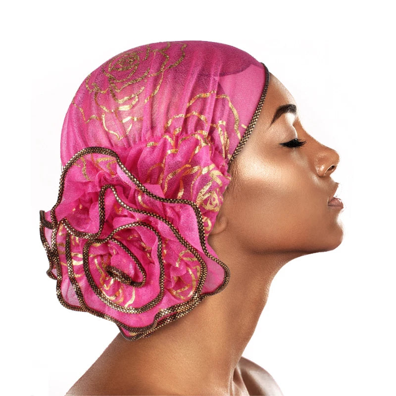 Muslim Islamic Bronzing Flower Elastic Turban Women's Hat Beanie Head Scarf Wrap Chemo Cap Casual Hair Bonnets Hijab Caps - NamafadStore