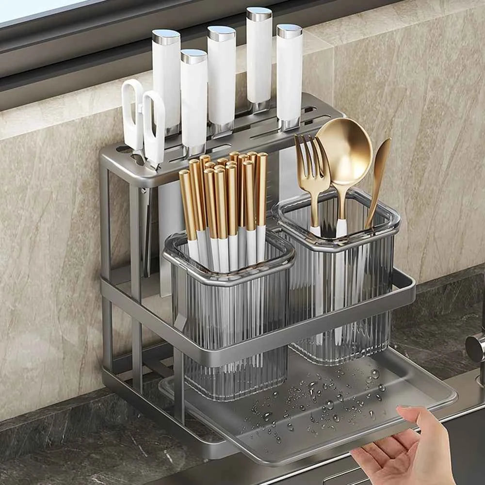 Wall Mounted Kitchen Cutlery Organizer Knife Spoon Fork Chopstick Drain Rack Drainer Utensil Kitchen Storage Punching Free NEW