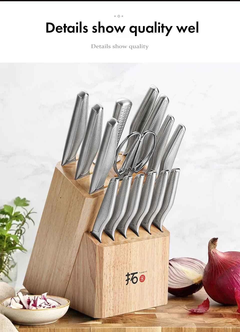 TURWHO Knife Stand Acacia Solid Wood For 15PCS Kitchen Knives Set Scissors Sharpening Rod Holder Knife Block Shelf Storage Tools