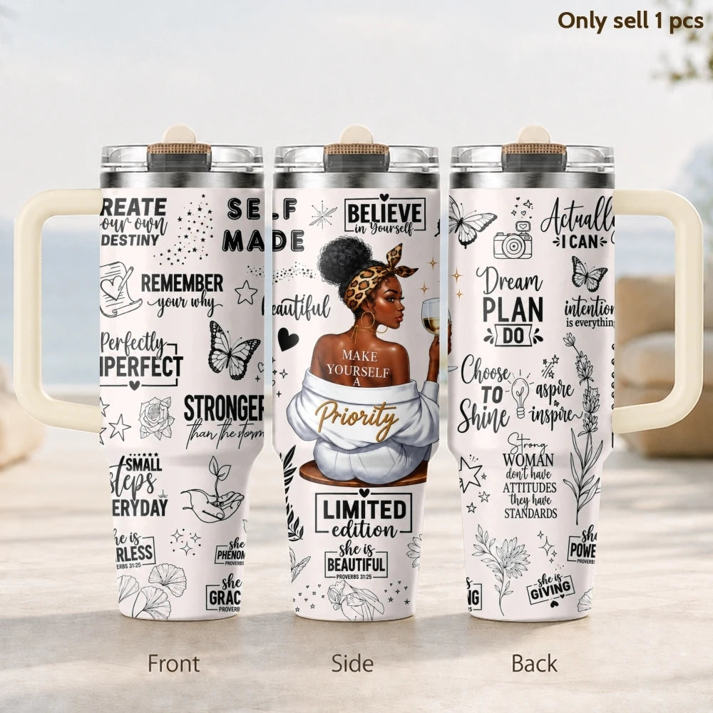 40oz Empowered Black Woman Tumbler – Inspirational Stainless Steel Travel Mug
