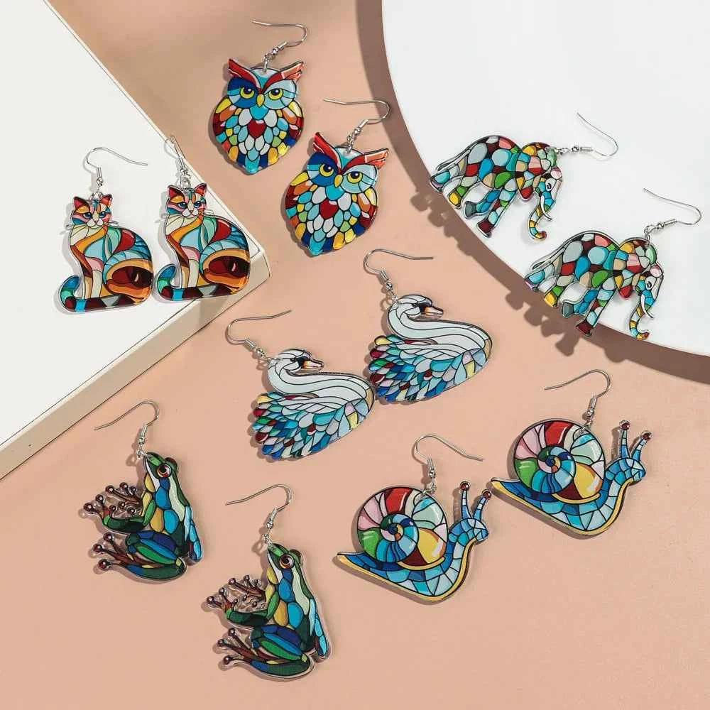 New Church Colorful  Cat Owl Elephant Acrylic Earrings Set for Women 3pair Cute Cartooon Animal Drop Earring Funny Jewelry Gifts